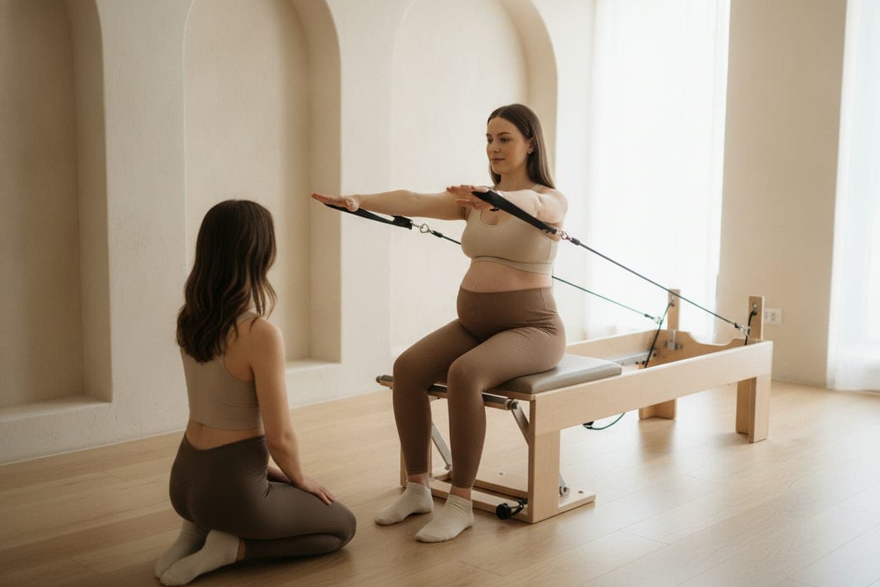 A pregnant woman seated on a wooden reformer doing an arm exercise with the straps, a teacher kneeling beside her
