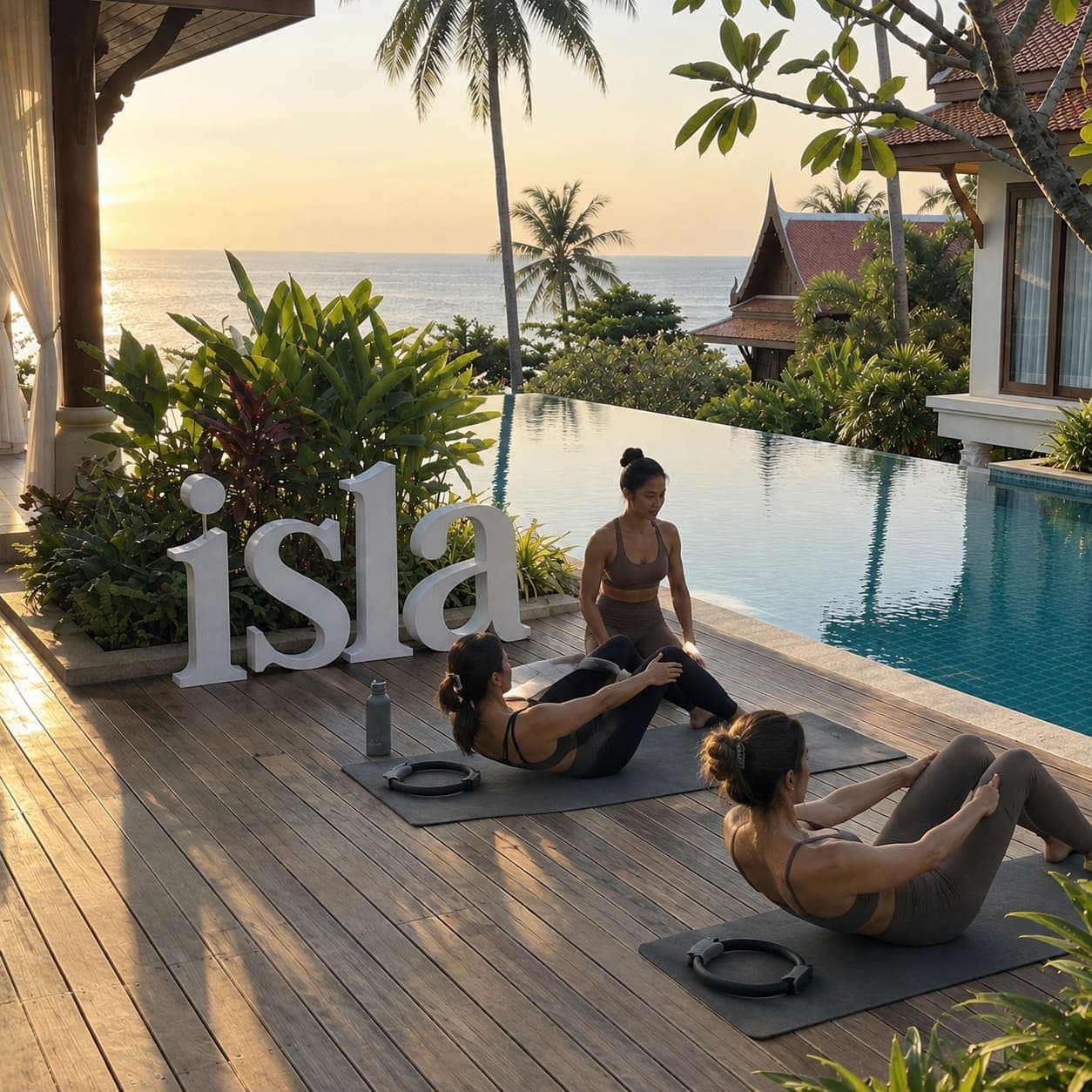 Three women doing mat pilates with pilates rings on a villa terrace beside a pool in Koh Samui