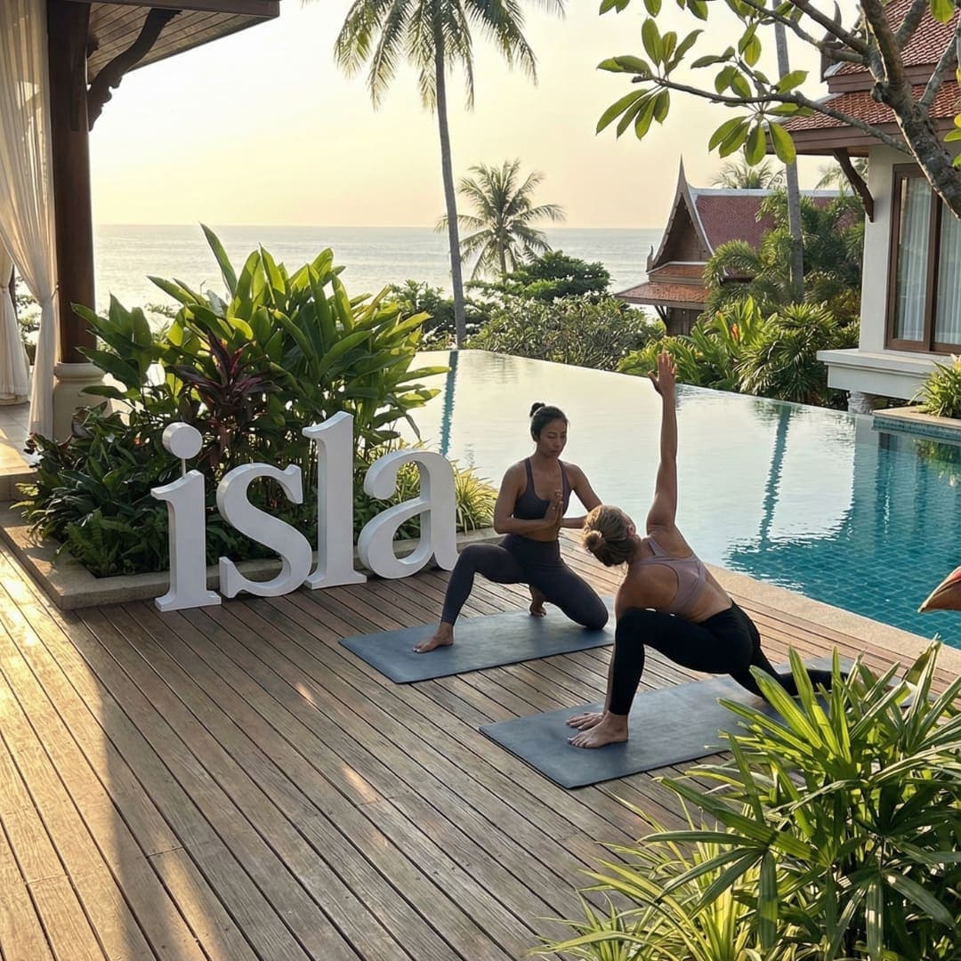 Two women practising yoga on a villa terrace beside an infinity pool in Koh Samui at sunset